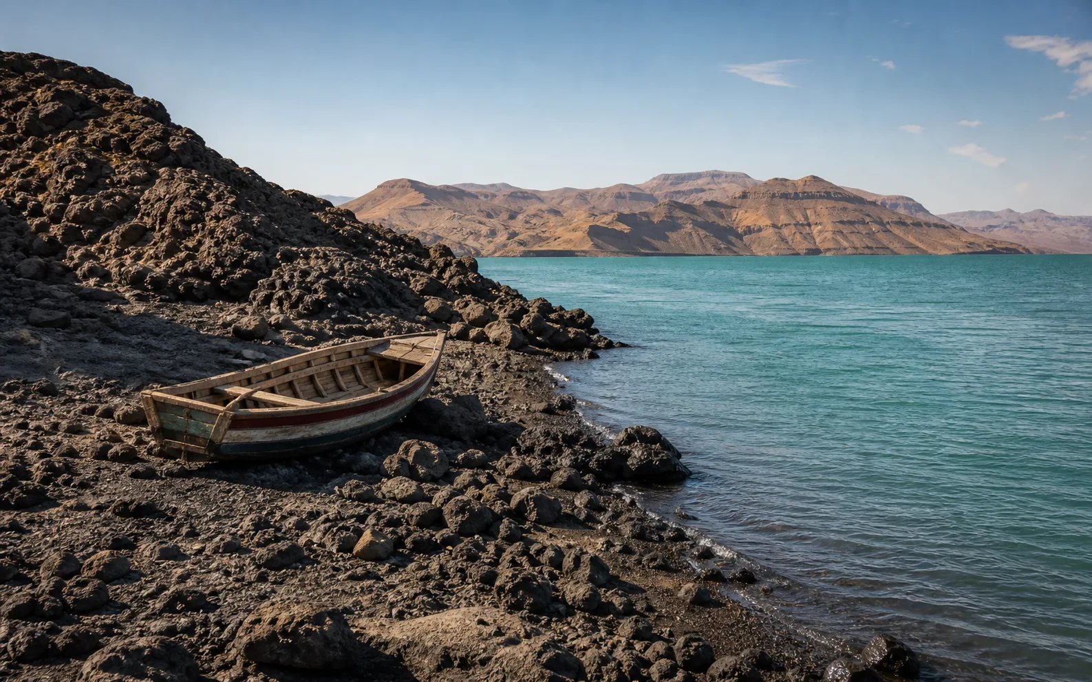 Wooden fishing boat on the volcanic shore of Lake Turkana
