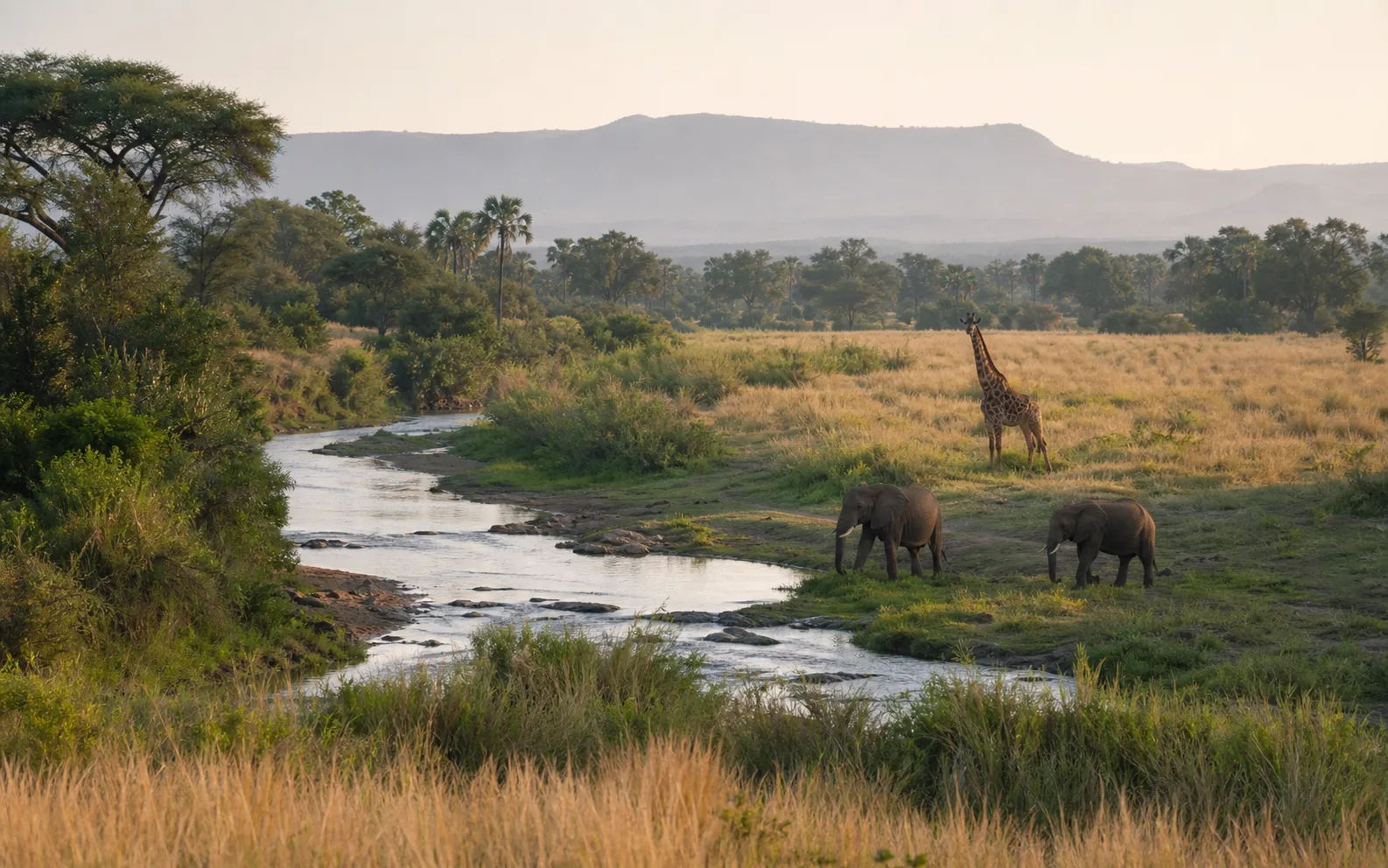 Elephants and a reticulated giraffe beside a river in Meru National Park
